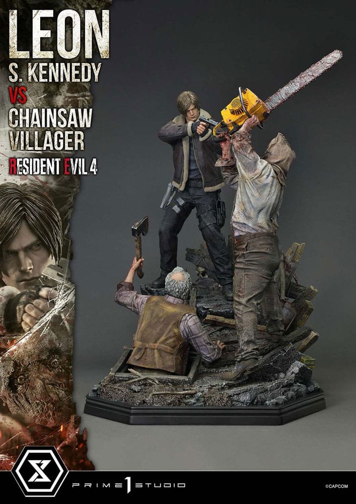 Resident Evil 4 statuette Ultimate Premium Masterline Series 1/4 Leon S. Kennedy vs. Chainsaw Villager 76 cm